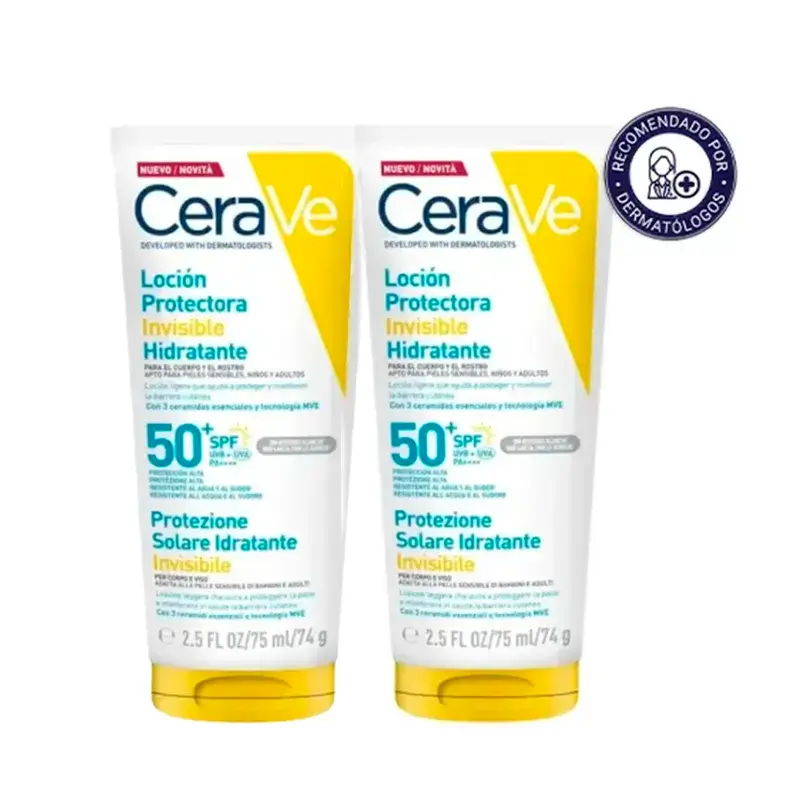Cerave Loción Protectora Invisible Hidratante Spf 50+ Con 3 Ceramidas, Pack 2 x 75 ml