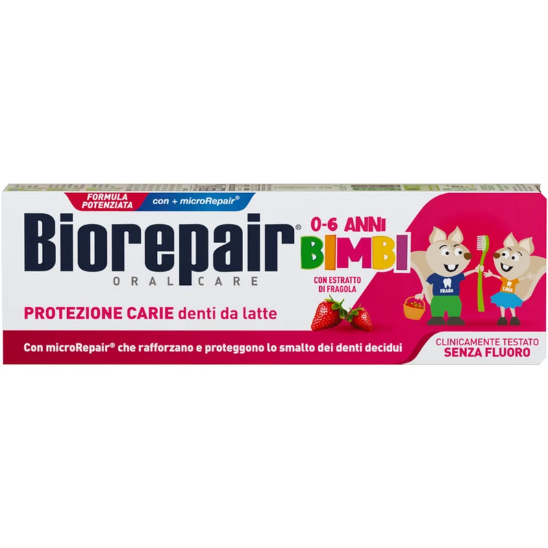 BIOREPAIR - Dentifricio Bimbi 0-6 Anni Protezione Carie Denti da Latte Senza Fluoro con Estratto di Fragola - 50 ml