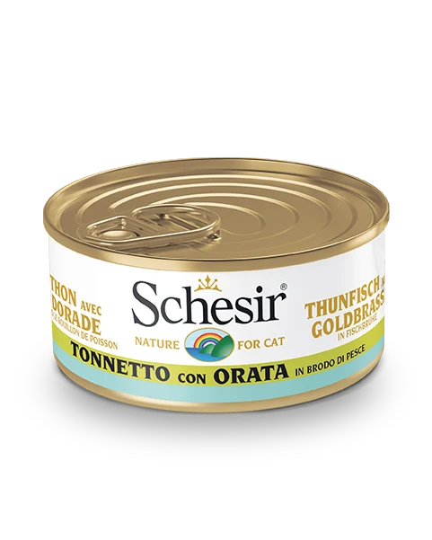 Schesir Tonnetto Con Orata In Brodo Di Pesce Lattina Cibo Umido Gatto Adulto 70g
