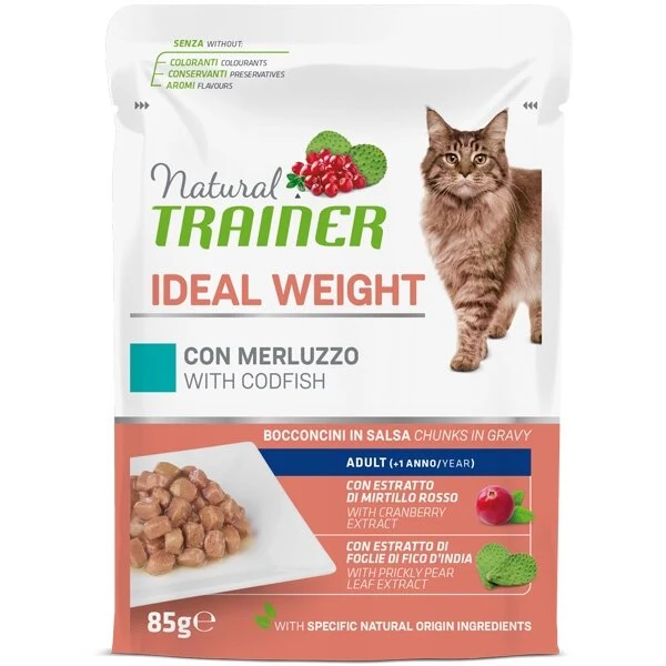 Natural Trainer Gatto Ideal Weight Adult con Merluzzo Bocconcini in Salsa 85g
