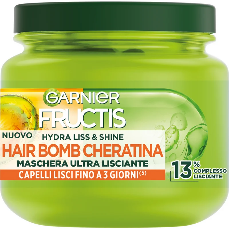 Fructis Hair Bomb Hydra Liss and Shine con Cheratina, Maschera ultra lisciante per capelli crespi e ribelli, 320 ml