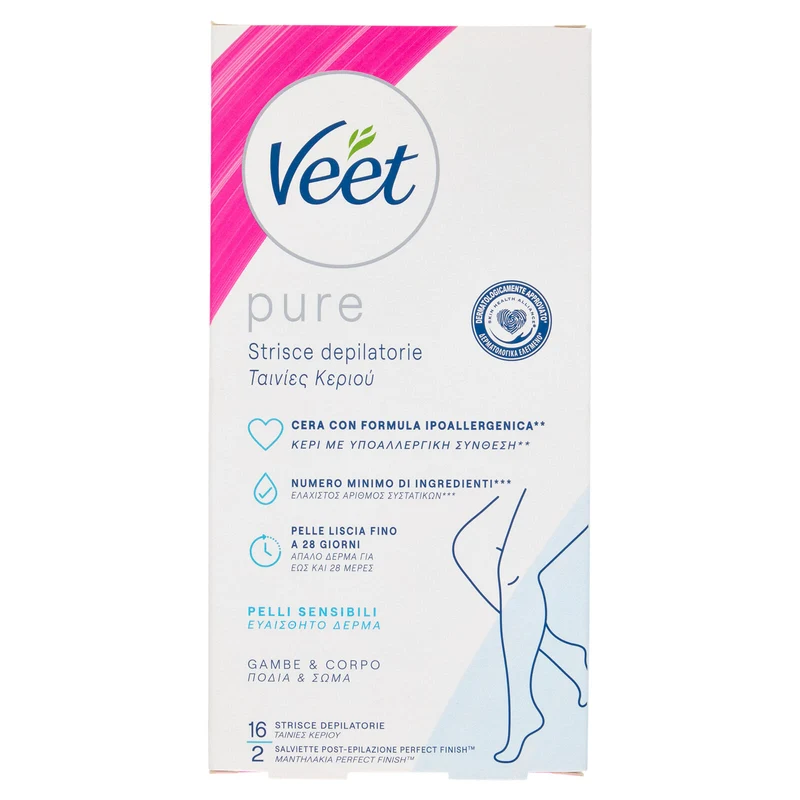 Veet Pure Strisce Depilatorie Corpo e Gambe, Ipoallergeniche, Confezione da 16 Strisce
