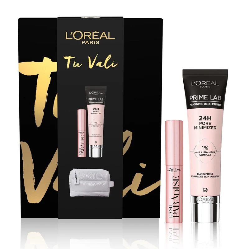 L'Oréal Paris Self Confidence Box Prime Pore minimizer Mascara Lash Paradise + Mini Beauty Bianco