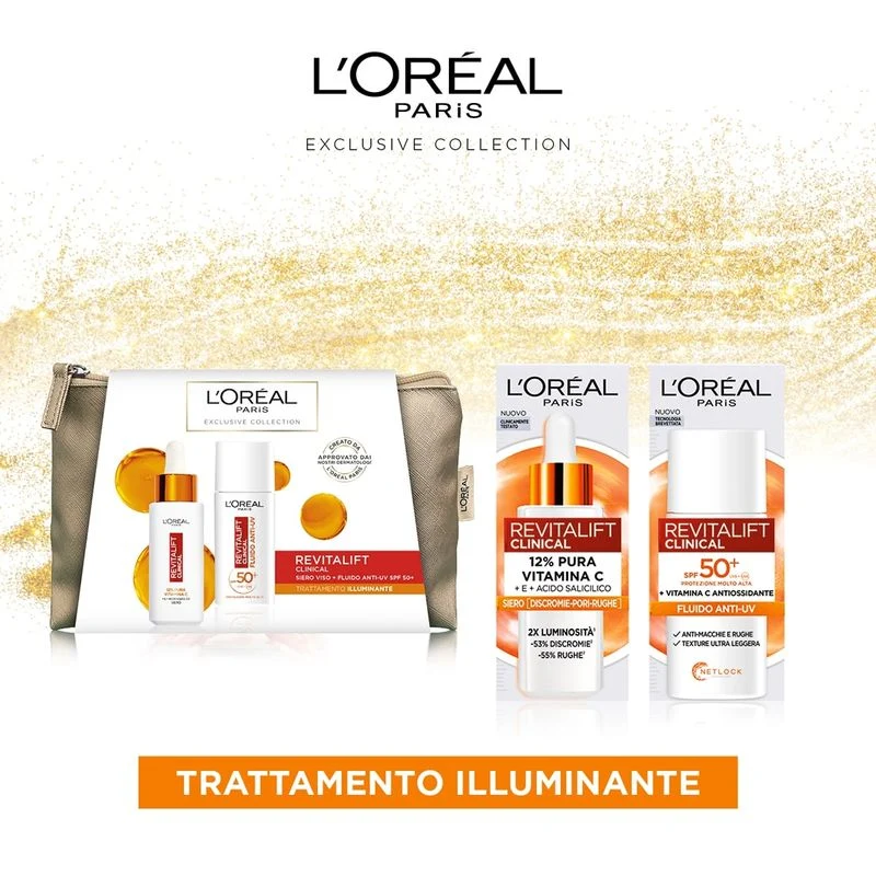 L'Oréal Paris Pochette Revitalift Clinical con Siero Viso+Fluido Anti-UV SPF 50+Routine Illuminante