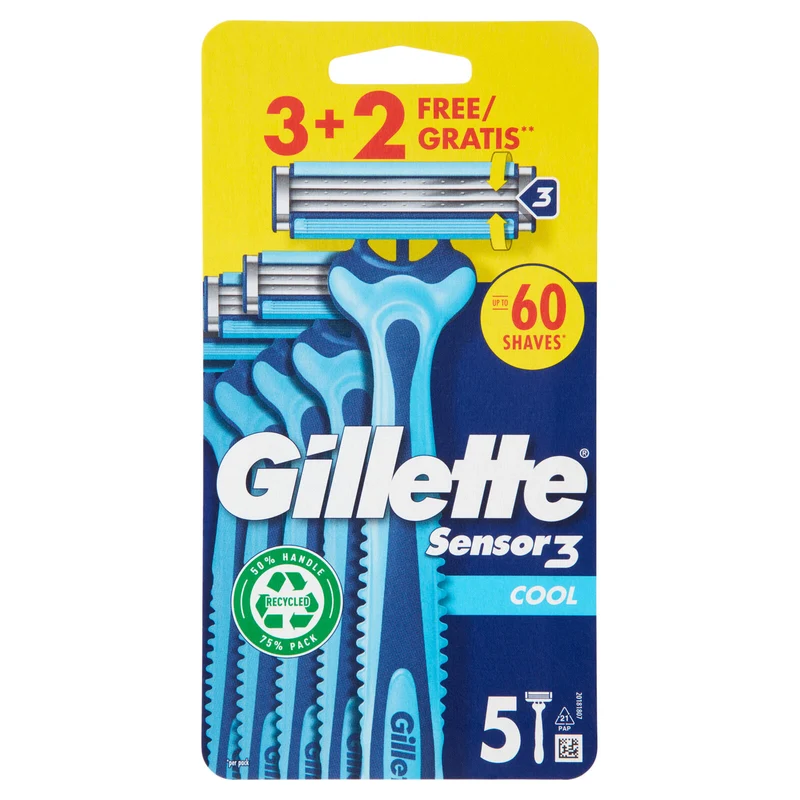 Gillette Sensor 3 Cool Rasoio da Uomo Usa e Getta, 3 Rasoi + 2 Gratis