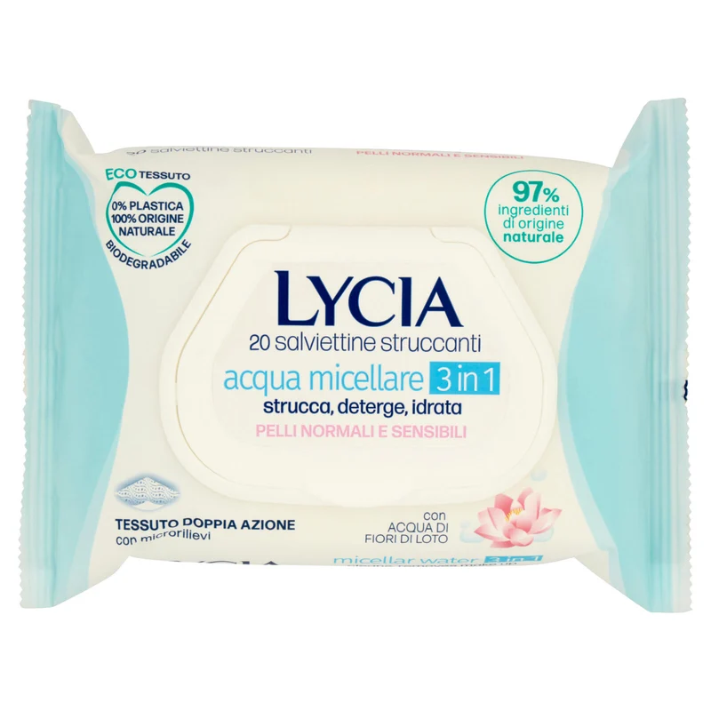 Lycia salviettine struccanti acqua micellare 3 in 1 Pelli Normali e Sensibili 20 pz
