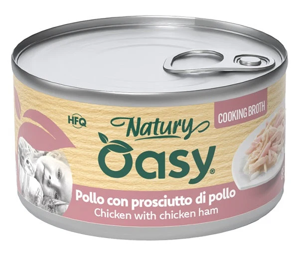 Oasy Wet Cat Natury Cooking Broth Pollo con Prosciutto Lattina 85 g