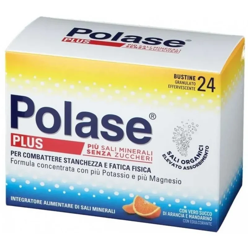 Polase Plus, più Magnesio e più Potassio, Integratore Alimentare di Sali Minerali, Contro Stanchezza e Fatica, Gusto Arancia e Mandarino, 24 Bustine