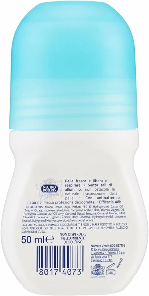 Neutro Roberts Deodorante Roll On Fresco Classico Zero Sali di Alluminio 50ml