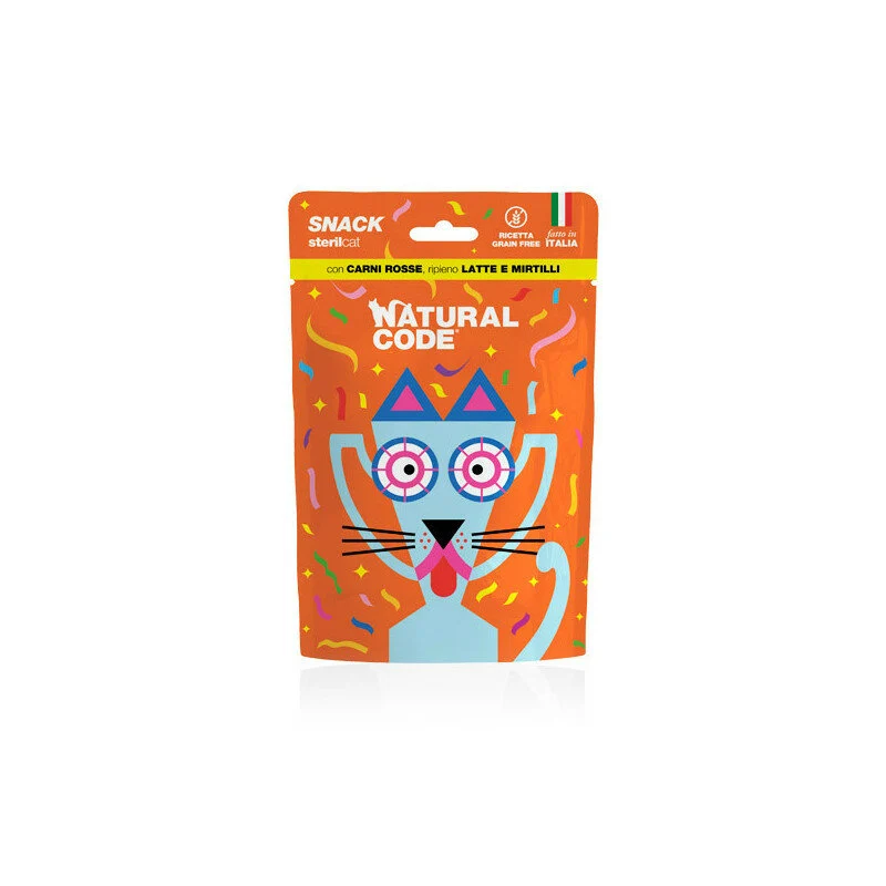 Natural Code Snack Per Gatti Sterilizzati Carni Rosse Ripieno di Latte e Mirtilli Busta 60g
