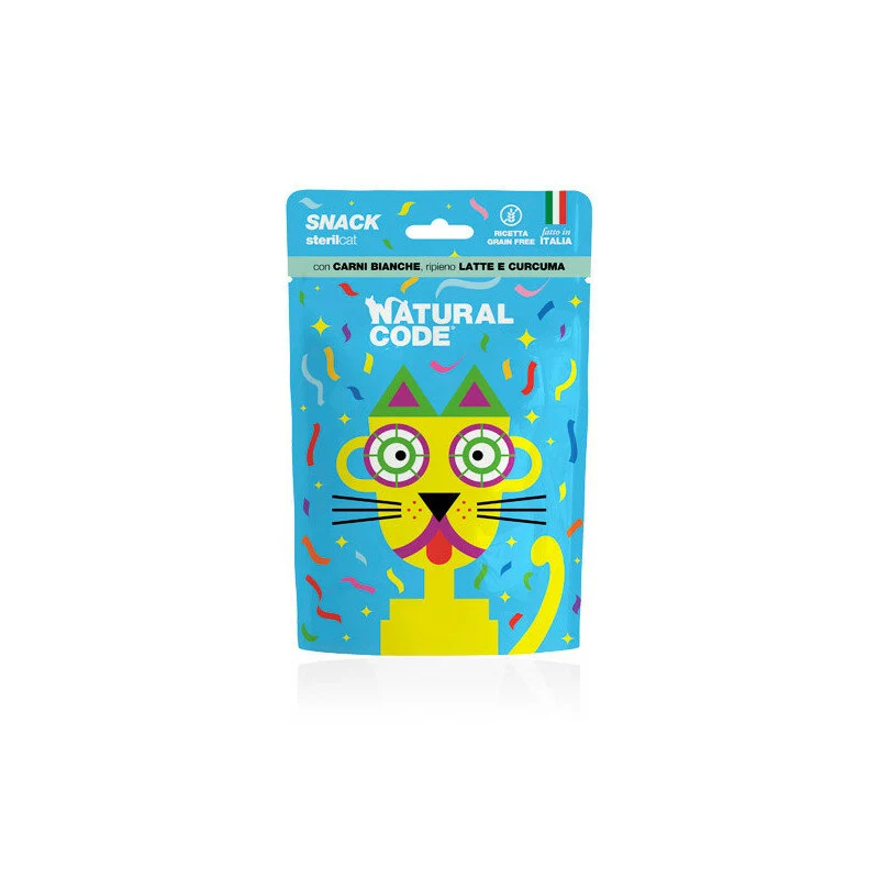 Natural Code Snack Per Gatti Sterilizzati Carni Bianche Ripieno di Latte e Curcuma Busta 60g