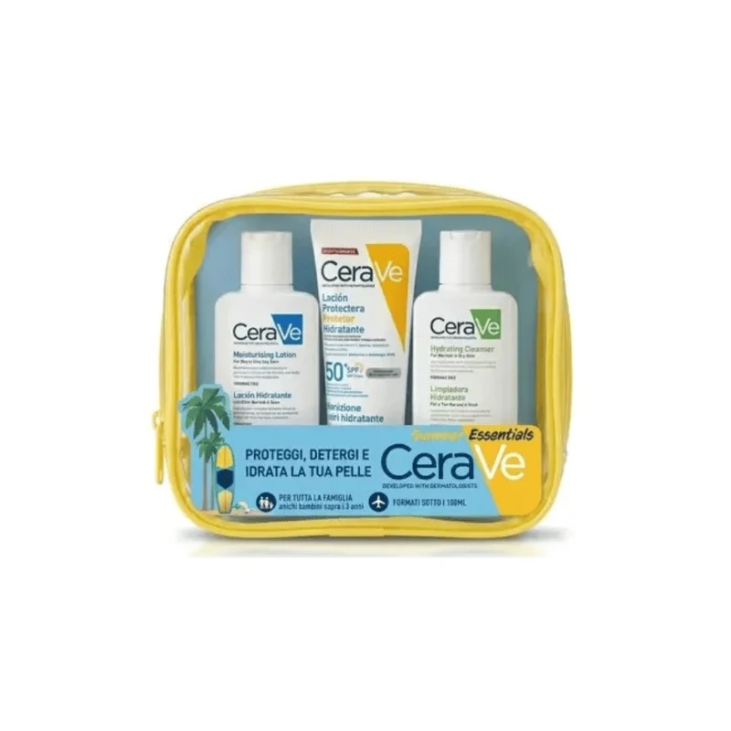 Cerave Pochette Viaggio Solari Latte Corpo Spf 50+ 75 ml + Lozione Idratante 88 ml + Detergente 88 ml
