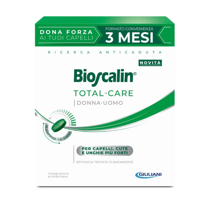 Bioscalin total care 90 compresse, integratore alimentare, per capelli, cute e unghie più forti, per donna e uomo, formato convenienza 3 mesi