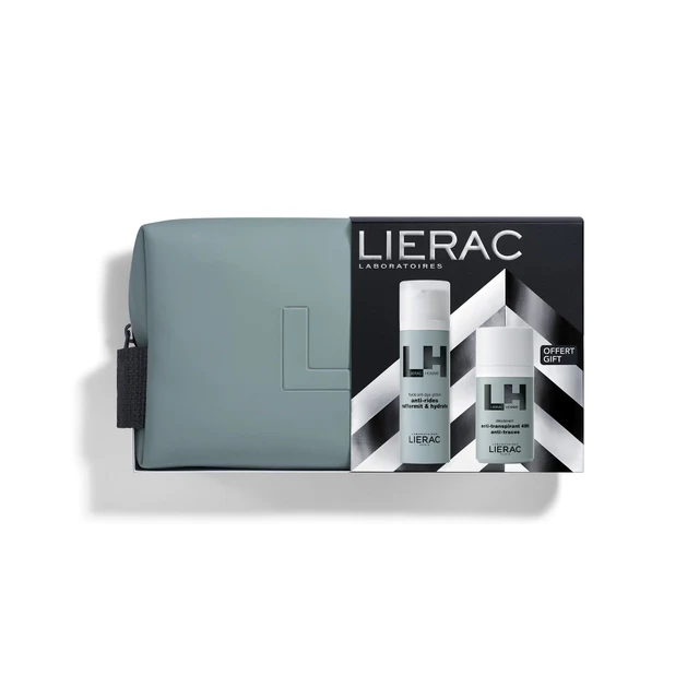 Lierac Cofanetto Natale Antietà Uomo, Fluido Viso 50ml + Omaggio Deodorante Anti-traspirante 50ml e Trousse