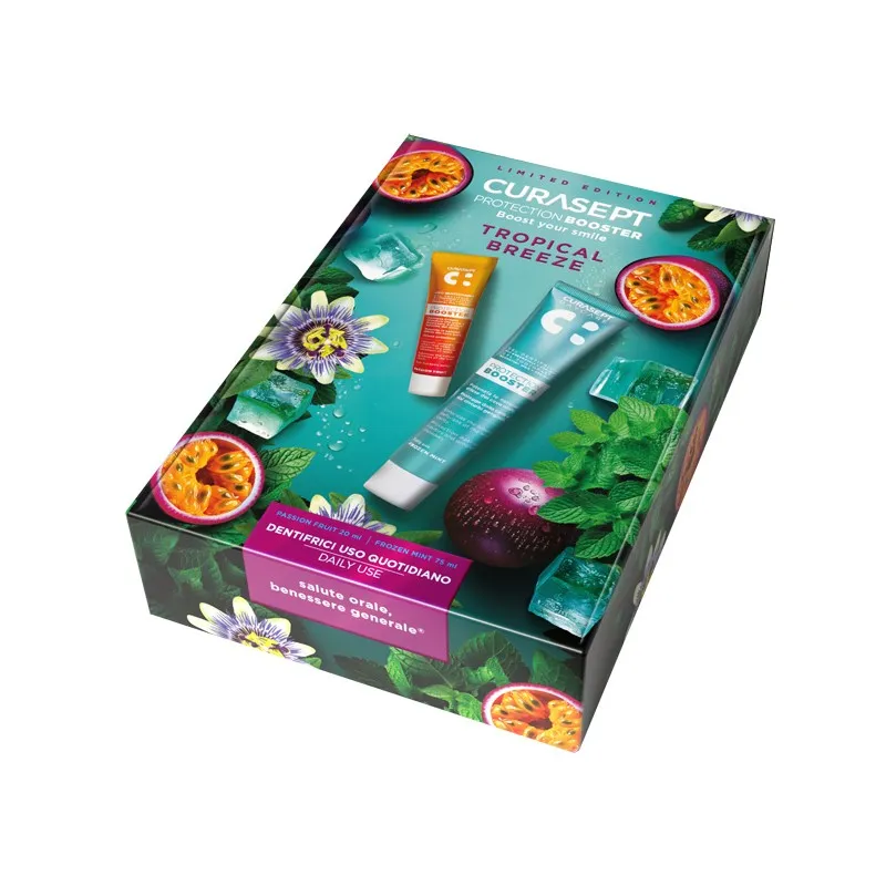 Curasept Tropical Breeze Protection Booster per Igiene Orale Completa Cofanetto 75 ml + 20 ml