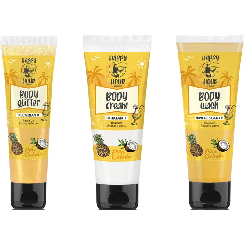 Athena's - Pochette 3 Happy Hour Pina Colada - Crema corpo 100ml, Glitter corpo 50ml, Bagno doccia 100ml