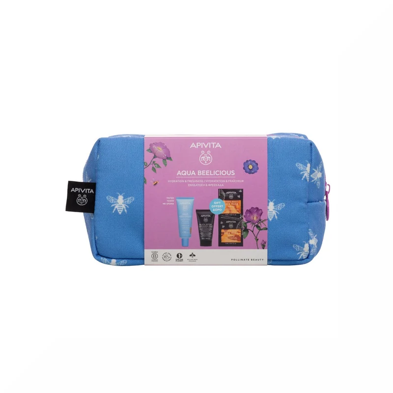 Apivita Aqua Beelicious Crema Idratante Colorata Healthy Glow SPF30+Gel detergente Viso+ Maschera+ Pochette