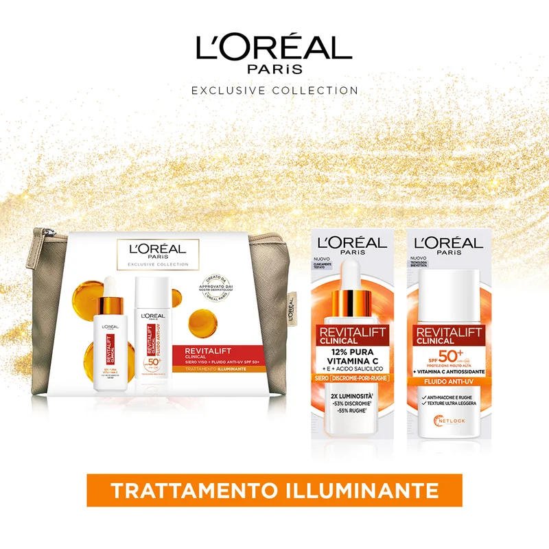 L'Oréal Paris Pochette Revitalift Clinical con Siero Viso+Fluido Anti-UV SPF 50+Routine Illuminante con Vitamina C 30 ml+50 ml