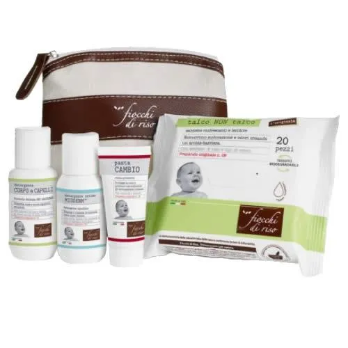 FIOCCHI DI RISO COFANETTO BEBE' PASTA CAMBIO 15 ML + DETERGENTE CORPO E CAPELLI TALCO 50 ML + DETERGENTE INTIMO MIODERM 50 ML + 20 SALVIETTE TALCO NON TALCO + POCHETTE