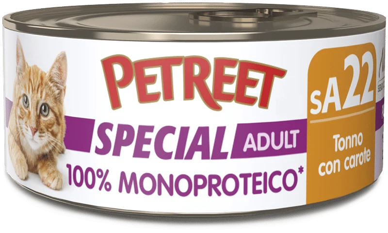 Petreet Monoproteico Tonno Con Carote Cibo Umido Gatto Adulto Barattolo 60g