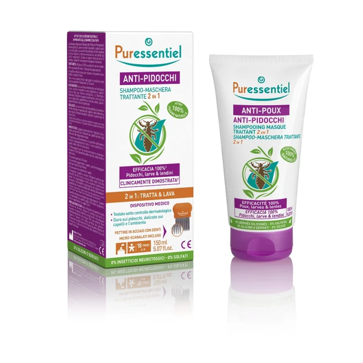 Anti-Pidocchi Shampoo-Maschera Trattante 2 In 1 Puressentiel 150ml, con pettine incluso