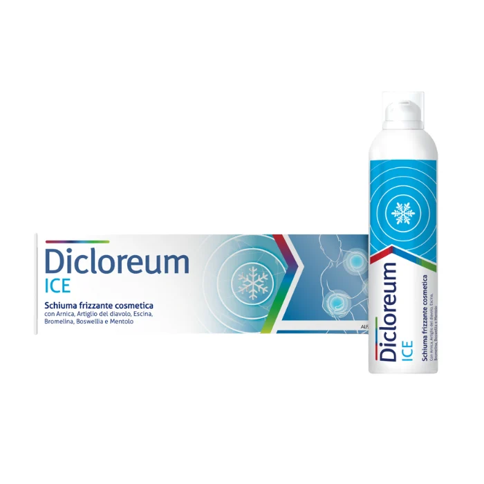 Dicloreum ICE Spray Schiuma Frizzante per Traumi e Contusioni Muscolari, Antidolorifico Effetto Ghiaccio,