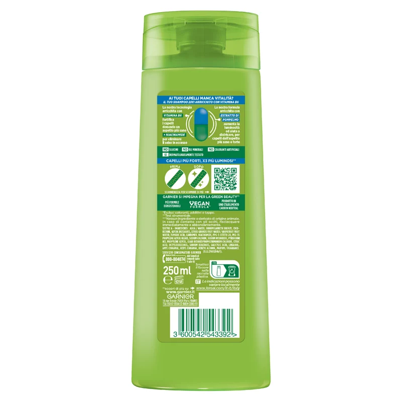 Garnier Fructis Shampoo fortificante Forti & Brillanti 2in1, per capelli normali, 250 ml