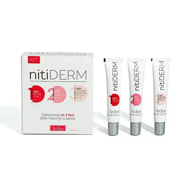 Nitiderm Kit Macchie Cutanee Peeling 15ml + Siero Schiarente 20ml + Protezione Molto Alta SPF50+ 20ml