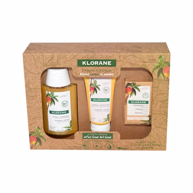 Klorane Cofanetto Rituale Capelli Secchi al Mango Shampoo 100ml + Balsamo 50ml + Shampoo Solido 80g