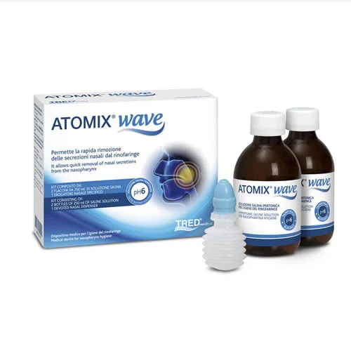 ATOMIX WAVE DISPOSITIVO PER IGIENE RINOFARINGEA ATOMIX SOLUZIONE SALINA 250 ML 2 PEZZI + TERMINALE NASALE + EROGATORE A SOFFIETTO