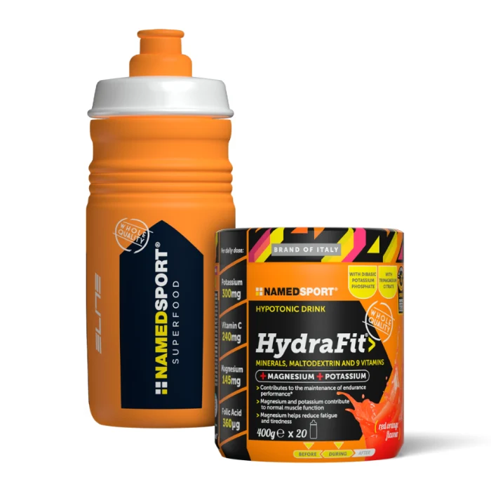 NAMEDSPORT Hydrafit> + Sportbottle, Mix di Magnesio, Potassio e Vitamine, Ideale per la Preparazione di Bevande Isotoniche, Utile per Reintegrare Liquidi nello Sport
