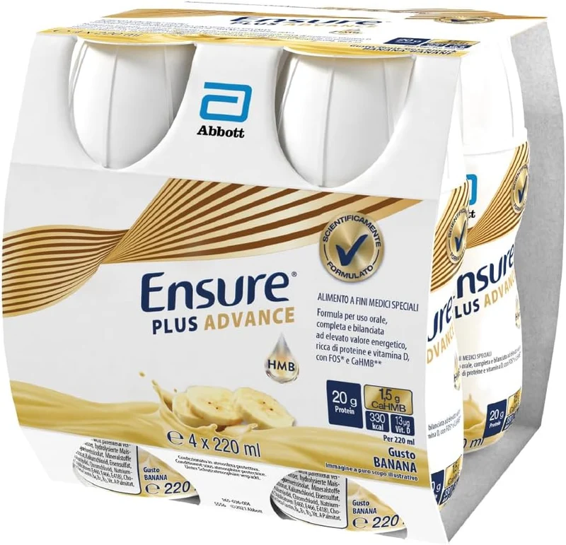 Ensure Plus Advance Supplemento Nutrizionale Ipercalorico ed Iperproteico |Formato bevanda| Alimento a fini medici speciali iperproteico| Confezione 4x220ml Gusto Banana