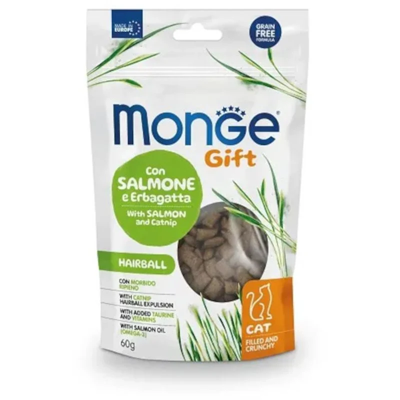 Monge Filled & Crunchy Hairball Snack Per Gatti Salmone E Erbagatta 60g