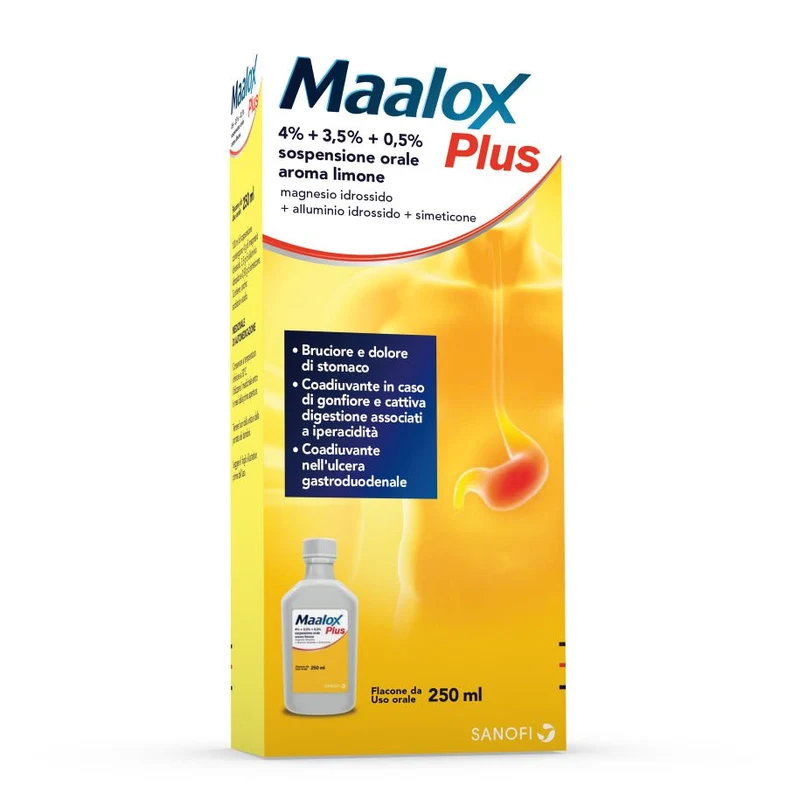 Maalox Plus 4 % + 3,5 % + 0,5 % 250 ml sospensione orale limone e menta