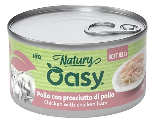 Oasy Wet Cat Natury Soft Jelly Pollo con Prosciutto di Pollo Lattina 150 g