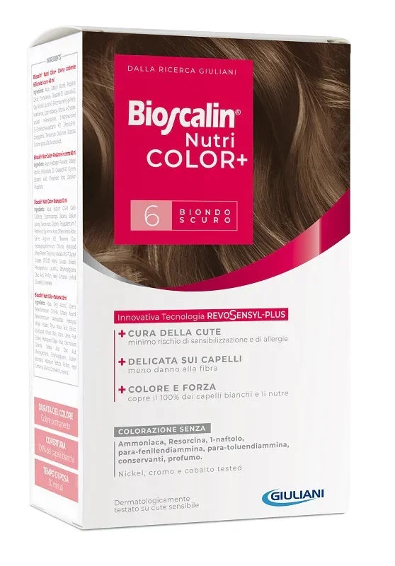 BIOSCALIN NUTRICOLOR PLUS 6 BIONDO SCURO CREMA COLORANTE 40 ML + RIVELATORE CREMA 60 ML + SHAMPOO 12 ML + TRATTAMENTO FINALE BALSAMO 12 ML