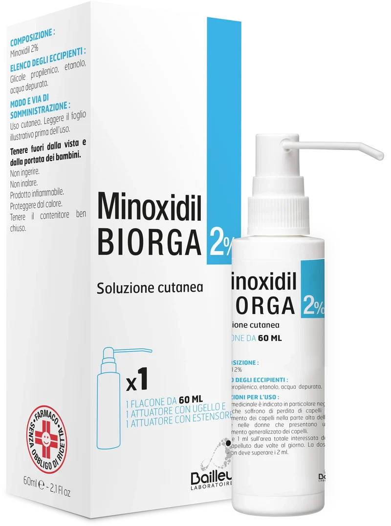 MINOXIDIL BIORGA 2% SOLUZIONE CUTANEA 1 FLACONE HDPE 60 ML CON POMPA SPRAY E APPLICATORE