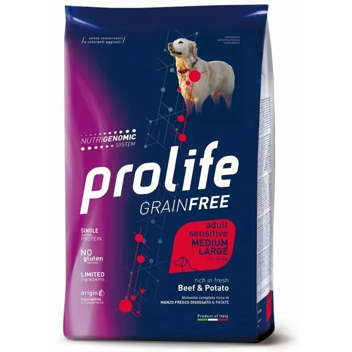 Prolife Dog Grain Free Sensitive Beef & Potato Cibo Secco Per Cani Adulti Taglia Media/Grande Sacco
