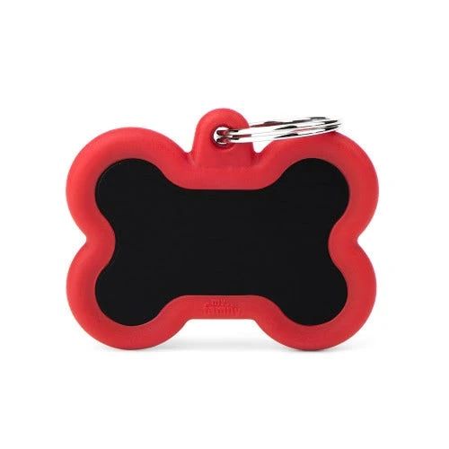 Medaglietta Per Cani E Gatti Personalizzata Osso In Alluminio Nero Con Gomma Rossa