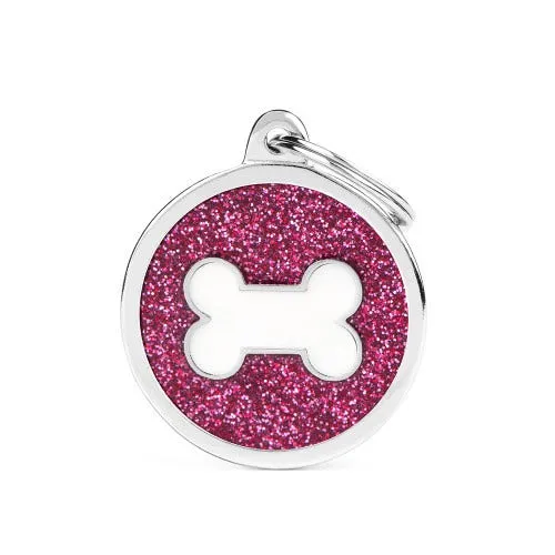 Medaglietta Per Cani E Gatti Personalizzata Osso In Alluminio Cerchio Grande Con Glitter Rosa E Osso Bianco