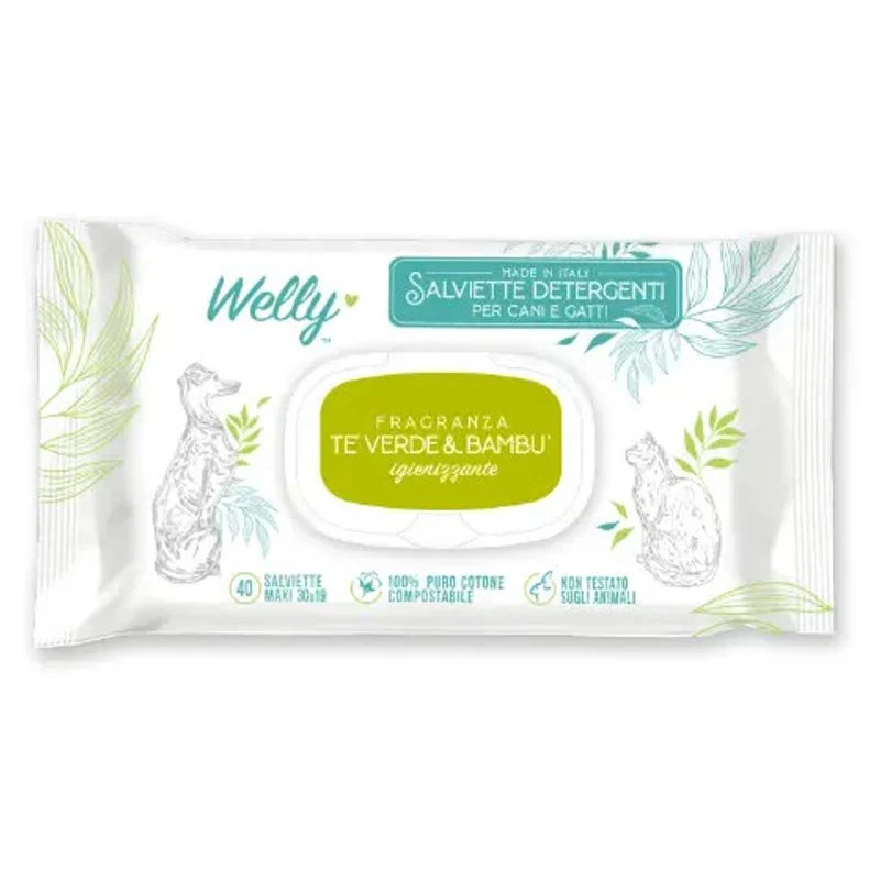 Welly Salviette Detergenti Igienizzanti Tè Verde & Bambù Per Cani E Gatti 40 Pezzi
