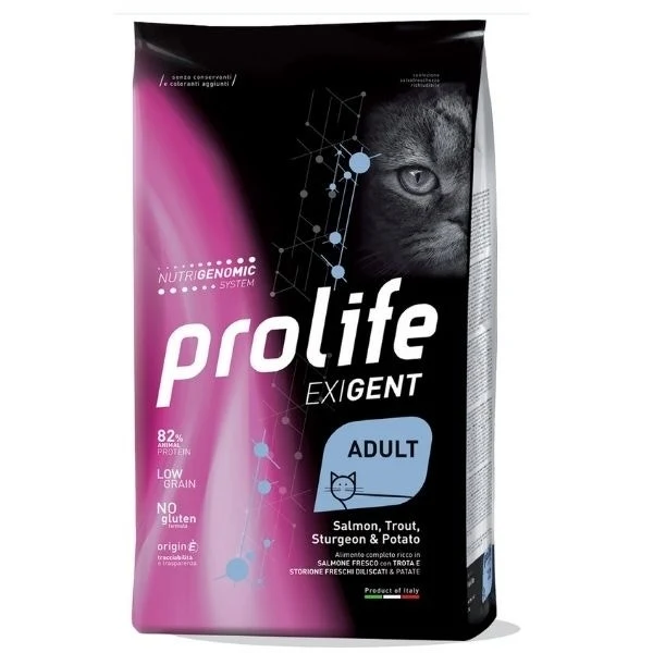 Prolife Exigent Salmone Trota Storione E Patate Cibo Secco Per Gatti Adulti Sacco 7kg