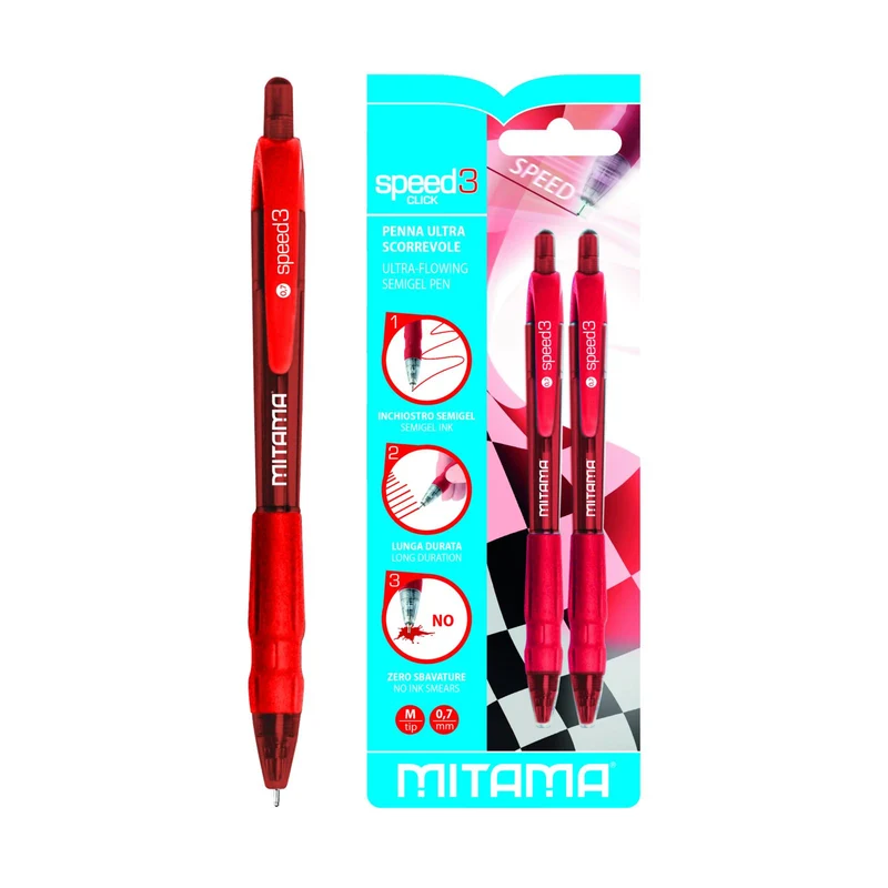 Mitama Penna Scatto Speed 3, Ultrascorrevole, punta 0,7 Rosso, Bl. 2 pz