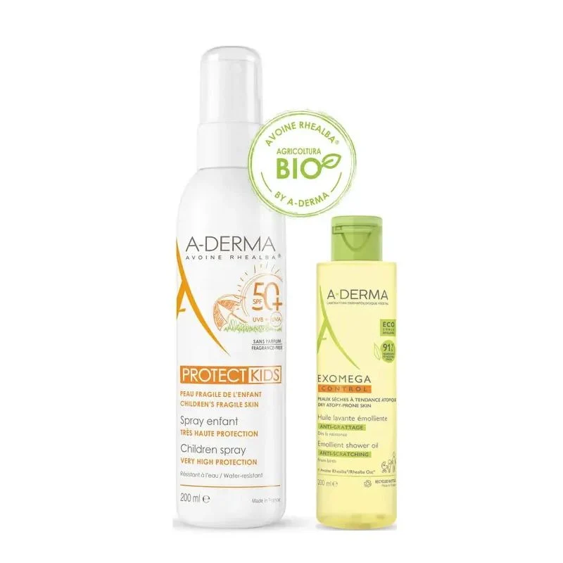 A-Derma Protect Kids SPF50+ spray solare bambini 200ml + Exomega Control olio lavante 100ml