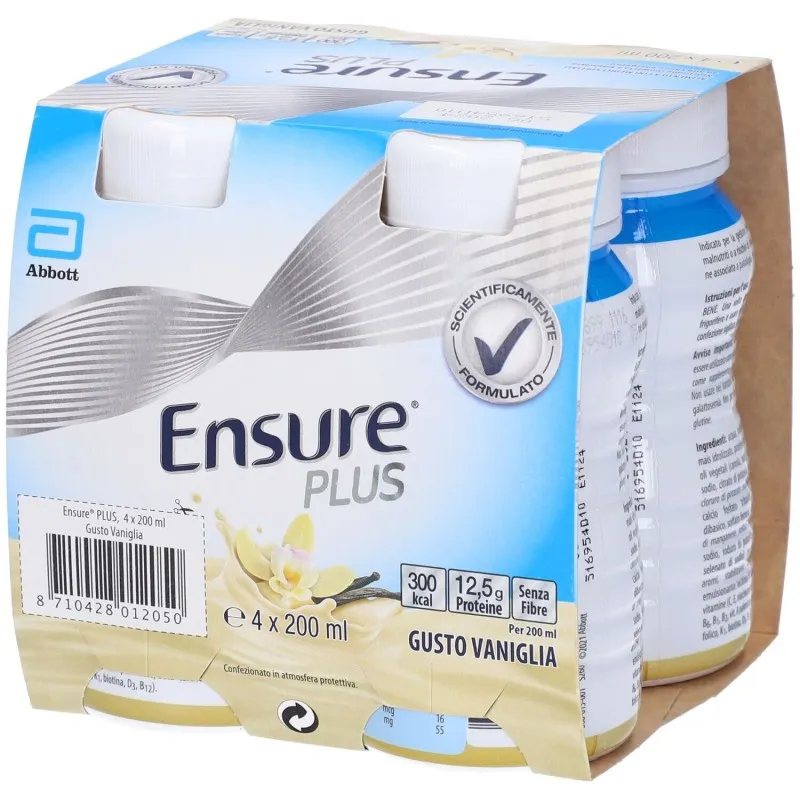 Ensure Plus Supplemento Nutrizionale Ipercalorico con Proteine, privo di Fibre |Formato bevanda| Alimento a fini medici speciali completo e bilanciato | Confezione 4x200ml Gusto Vaniglia