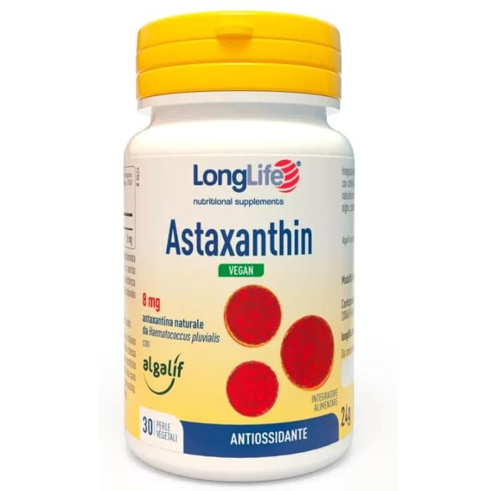 LongLife Astaxanthin Vegan 8mg, Potente antiossidante e benessere delle pelle, 1 mese di trattamento, 30 Perle