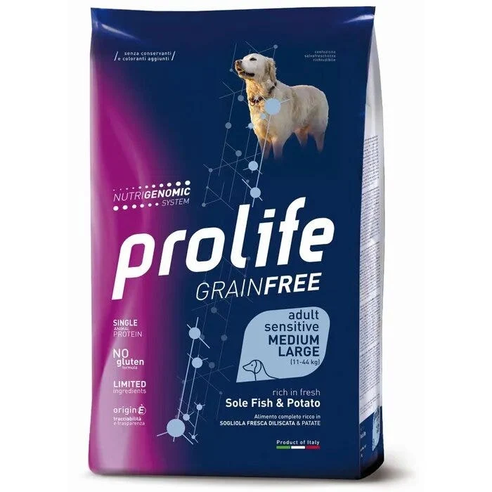 Prolife Dog Grain Free Sensitive Sole Fish & Potato Cibo Secco Per Cani Adulti Taglia Media/Grande Sacco 10 Kg