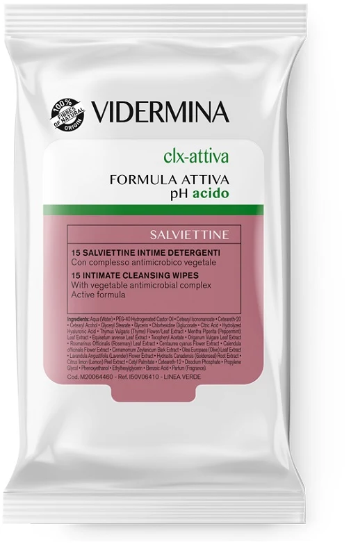 Vidermina Clx Attiva - salviettine intime detergenti antimicrobiche PH 5,5 - 15 salviettine