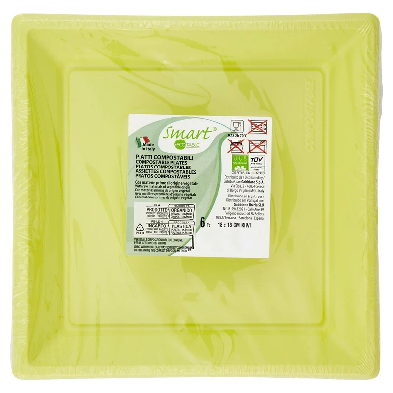 Smart Ecotable Piatti Compostabili Kiwi 18x18 cm 6 pz