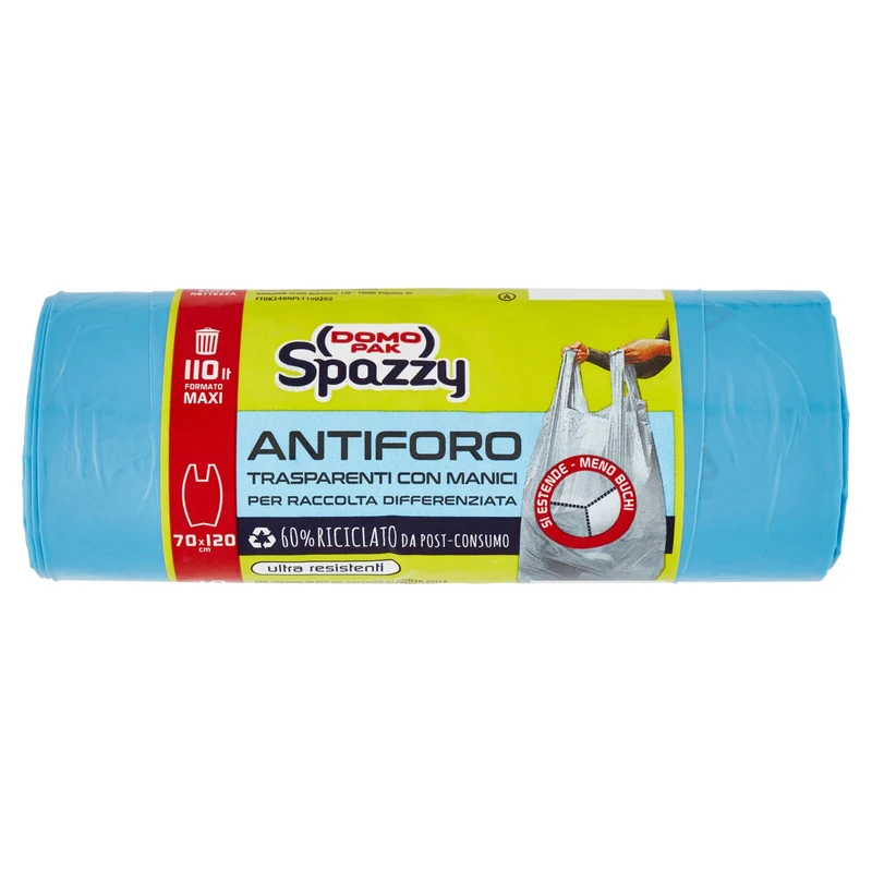 Domopak Spazzy Antiforo Trasparenti con Manici 110 lt Formato Maxi 70x120 cm 10 pz